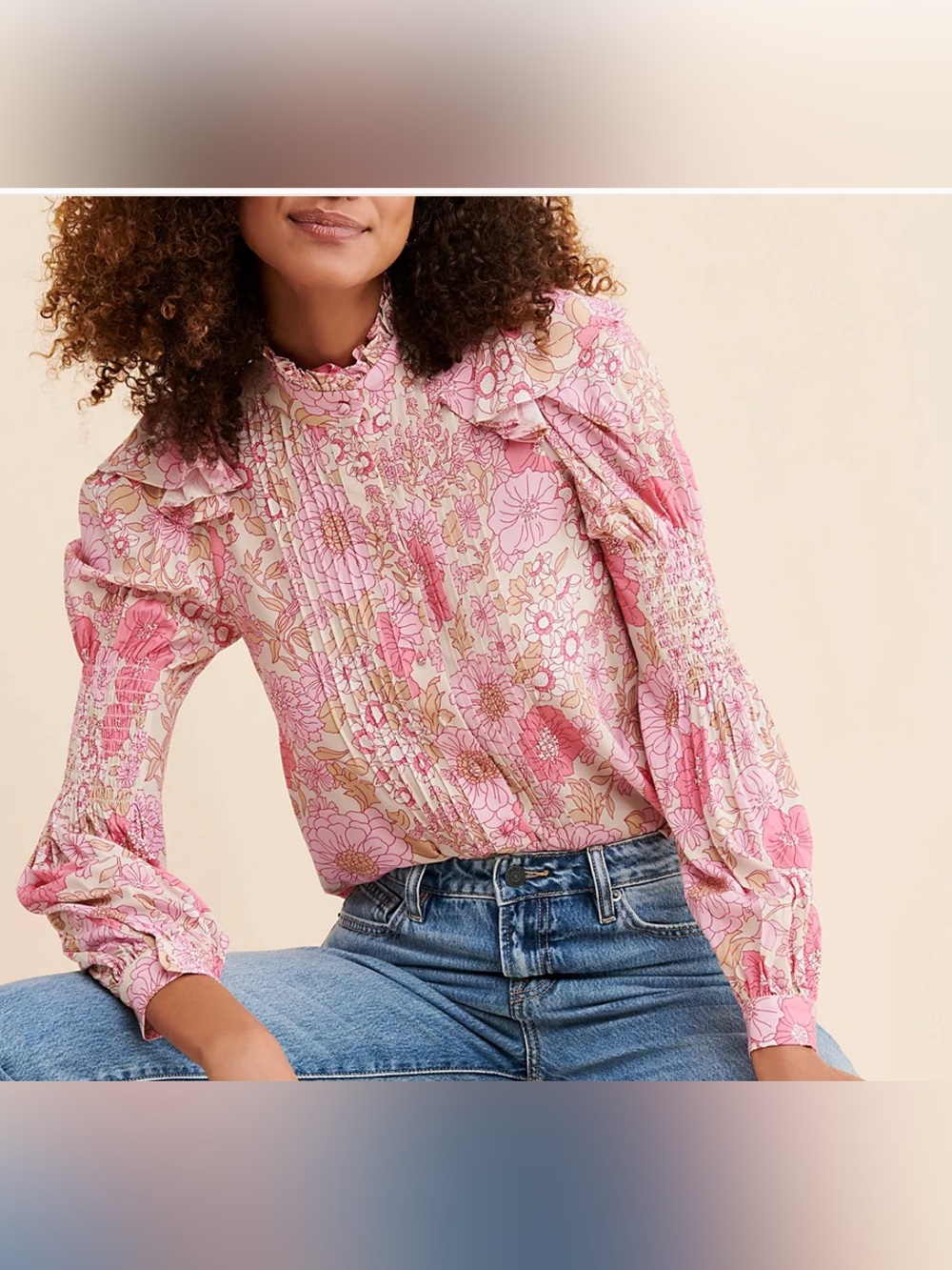 Free People Selkie Floral Long Sleeve Pink Floral Blouse Shirt size 1X run small